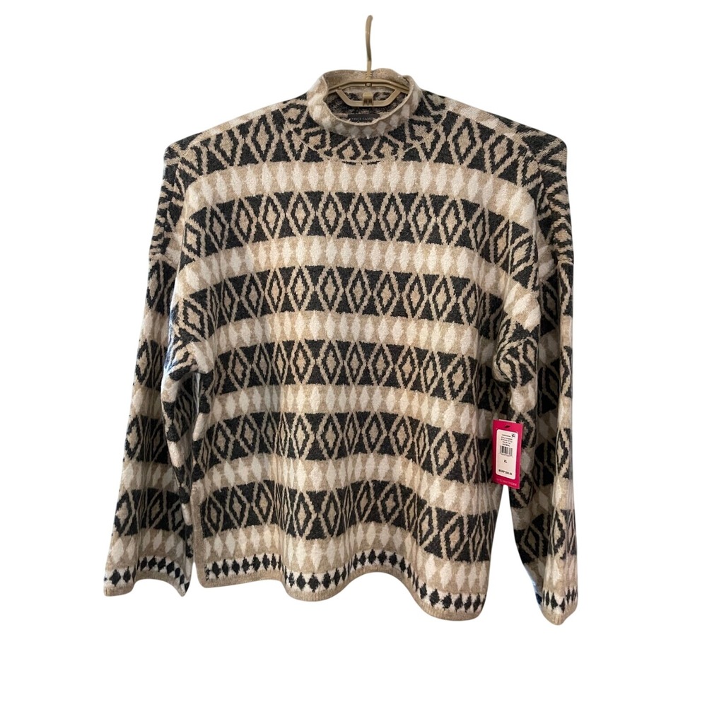 Vince Camuto Womens XL Beige Black Geometric Diamond Mock Neck Fuzzy Sweater NEW